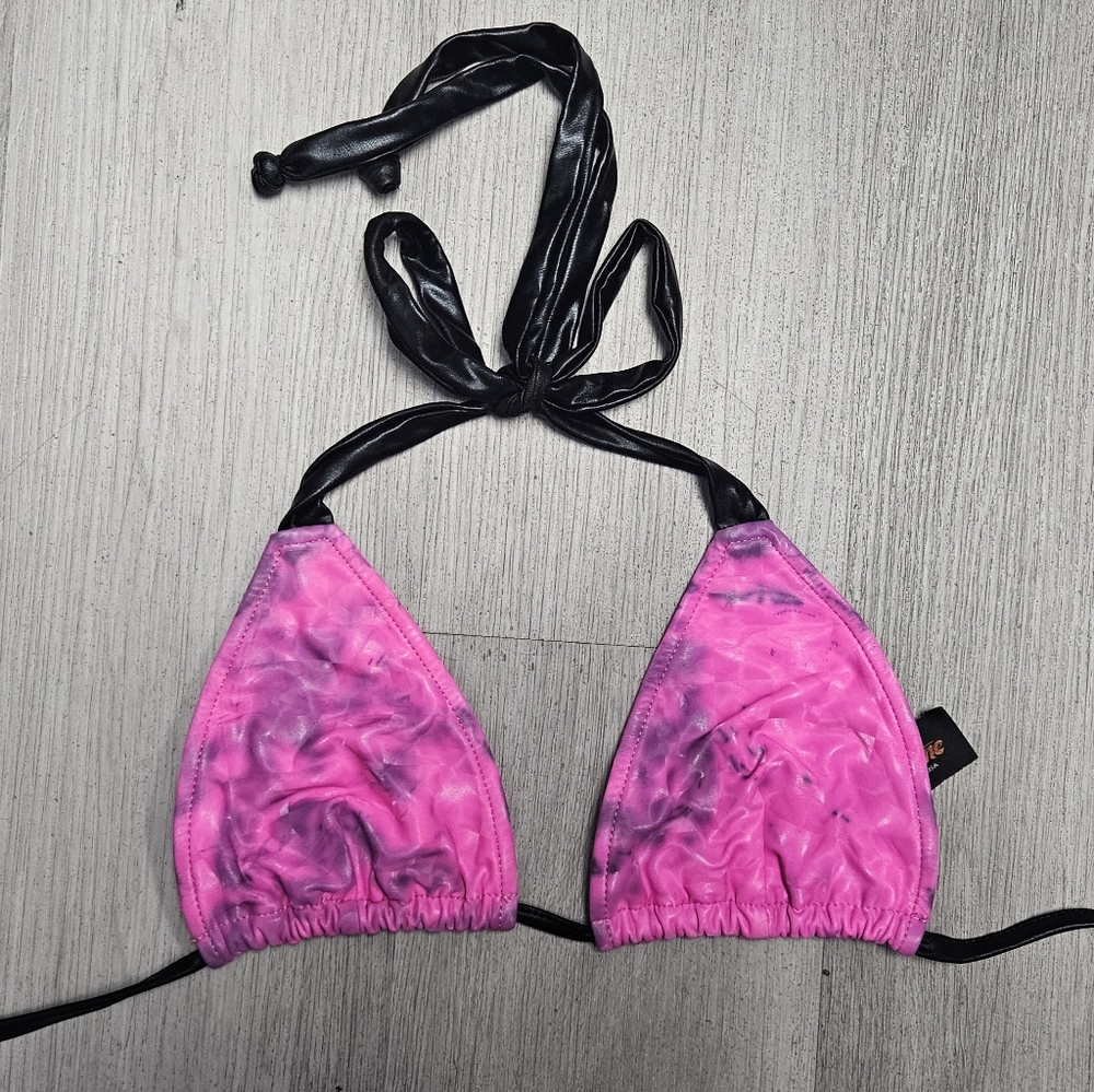 Women’s Pink Tie-Dye Triangle Bikini Top with Black Straps Pink Bikini Dance Top